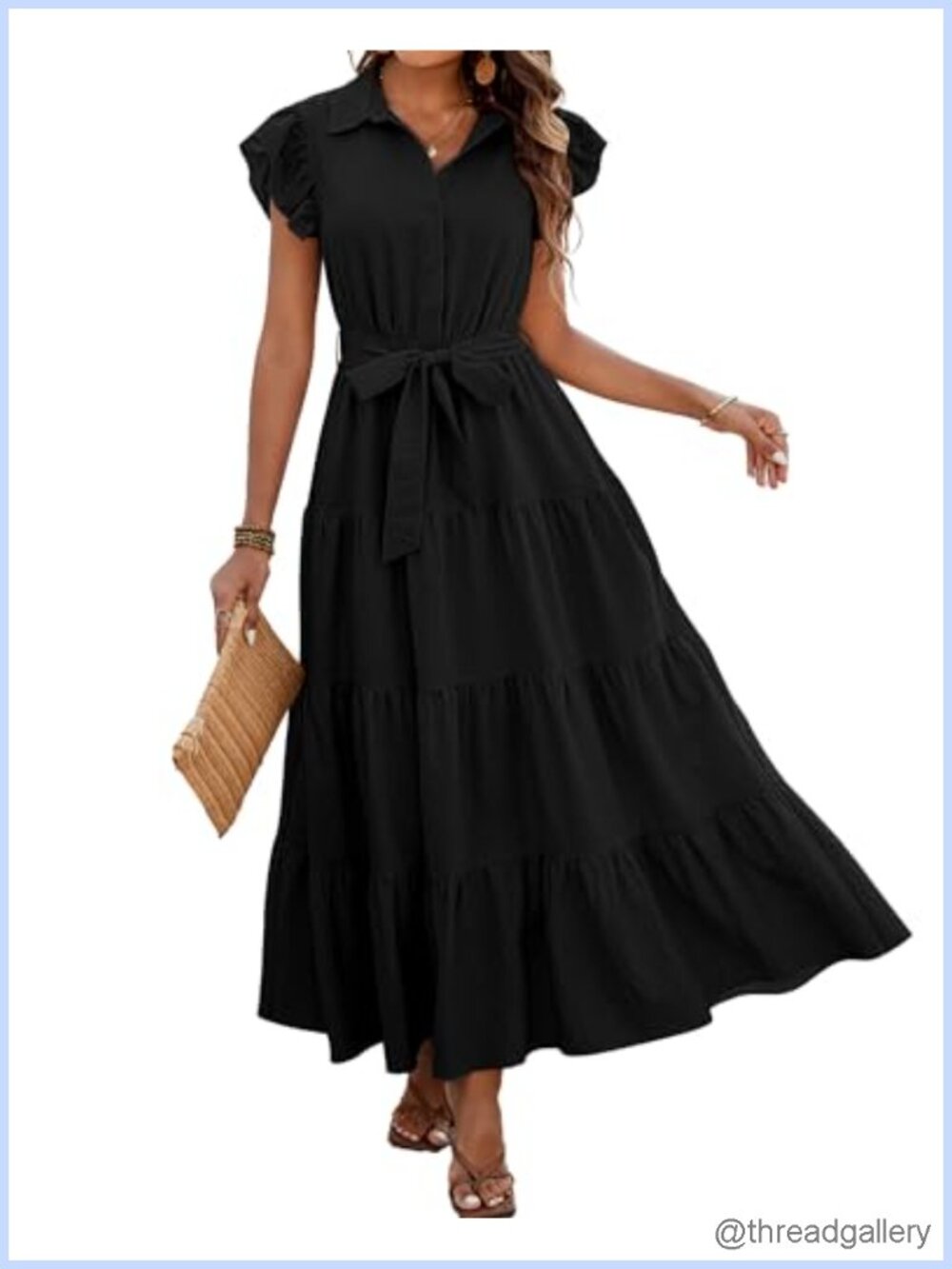 Women Ruffle Sleeve Button Belted Boho Maxi Dress with Pockets